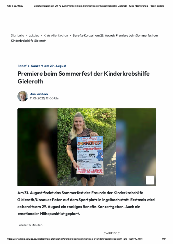 Titelseite von Nachrichtenbeitrag zur musikalischen Premiere beim KKHG Sommerfest 2025